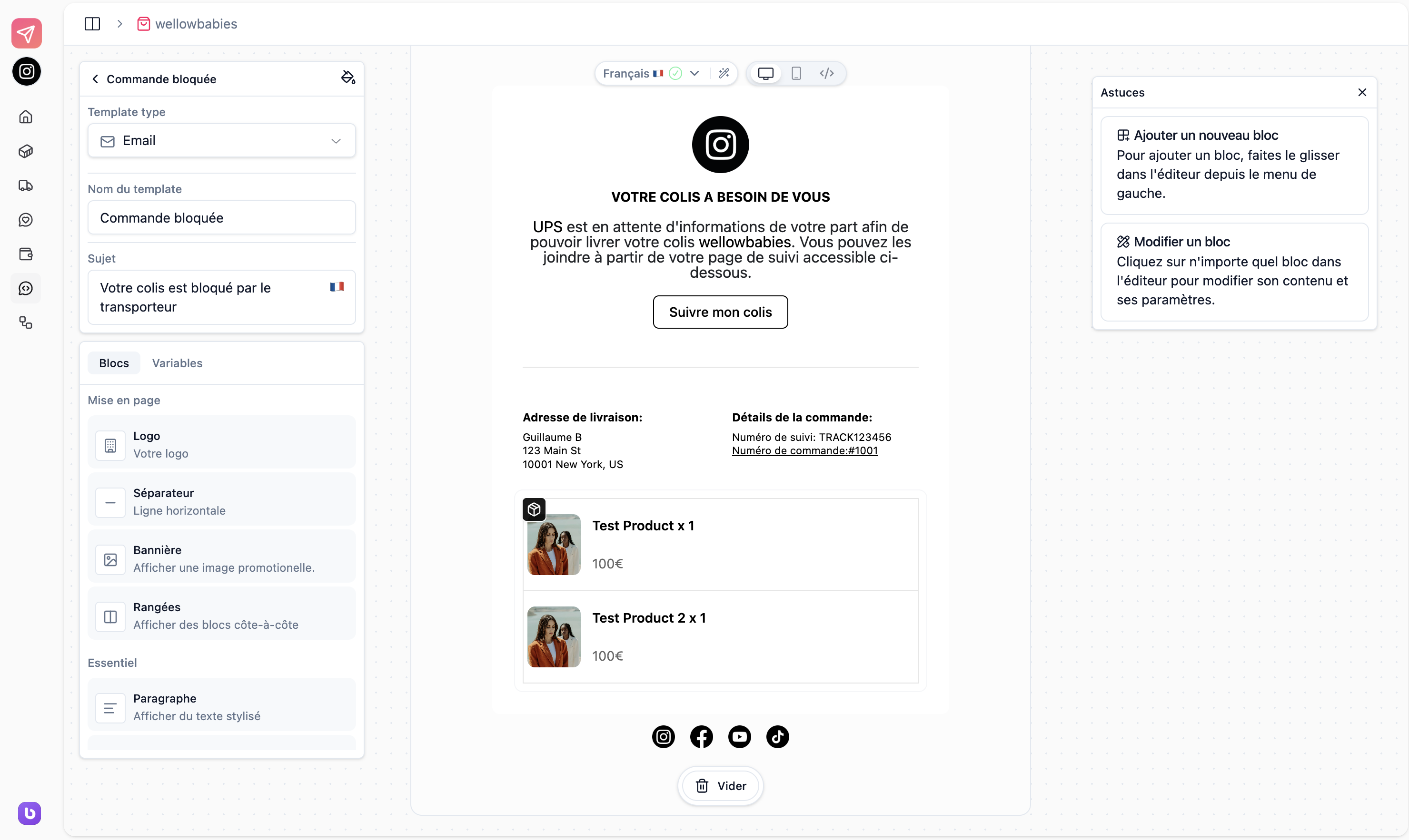 Interface de l'éditeur d'emails TraTrack
